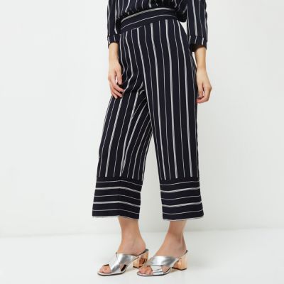 Petite navy mixed stripe cropped trousers